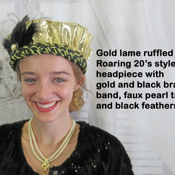 Flapper style softly ruffled gold lame fabric headband on black/gold braid band - Picture 2 of 15